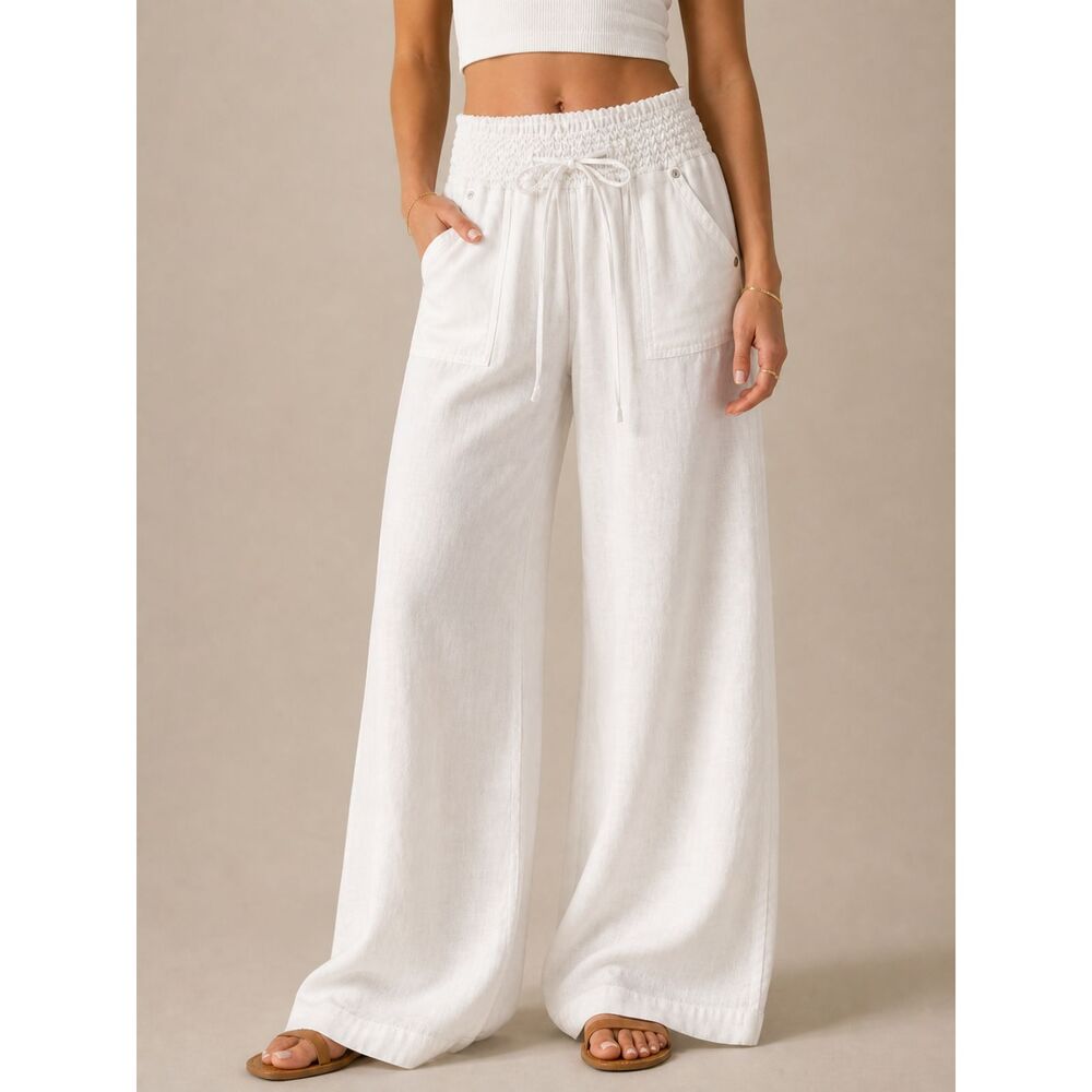 Cisono Wovens White Linen Blend Wide Leg Pants Smocked Waist S Coastal Chic